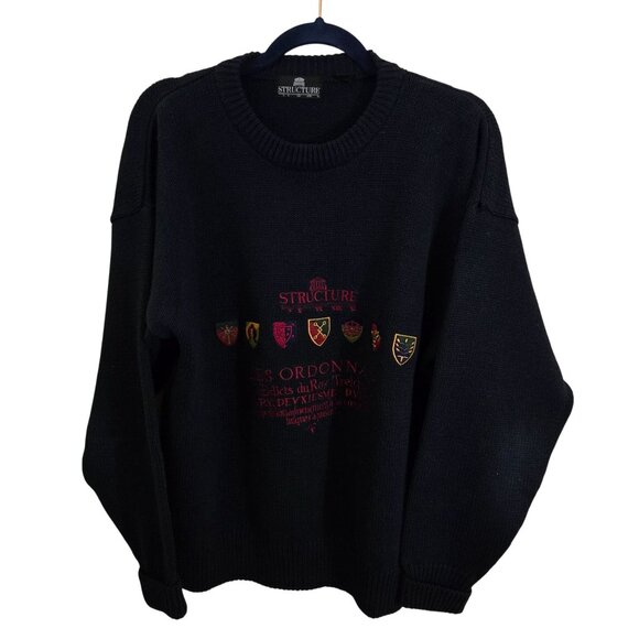 Structure Vintage Navy French Crest Knit Crewneck Sweater Embroidered Size XL - Picture 2 of 6